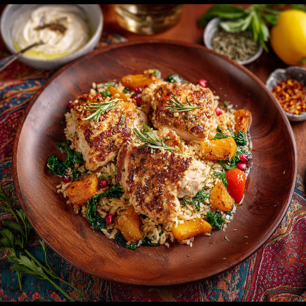 Close up of creamy orzo with tomatoes and herbs