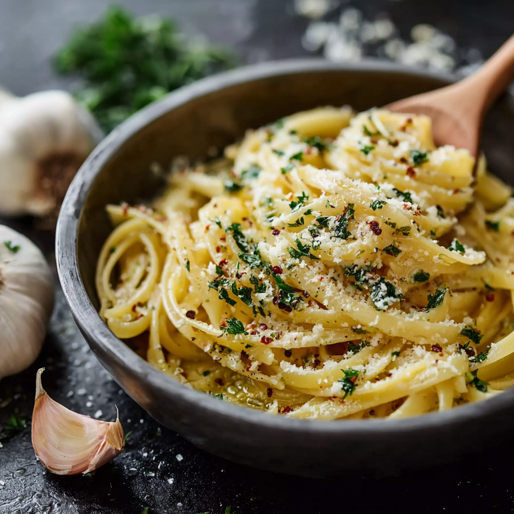 Spaghetti tossed with garlic olive oil in a skillet