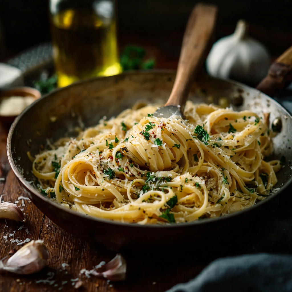 Plated spaghetti with garlic oil and parsley