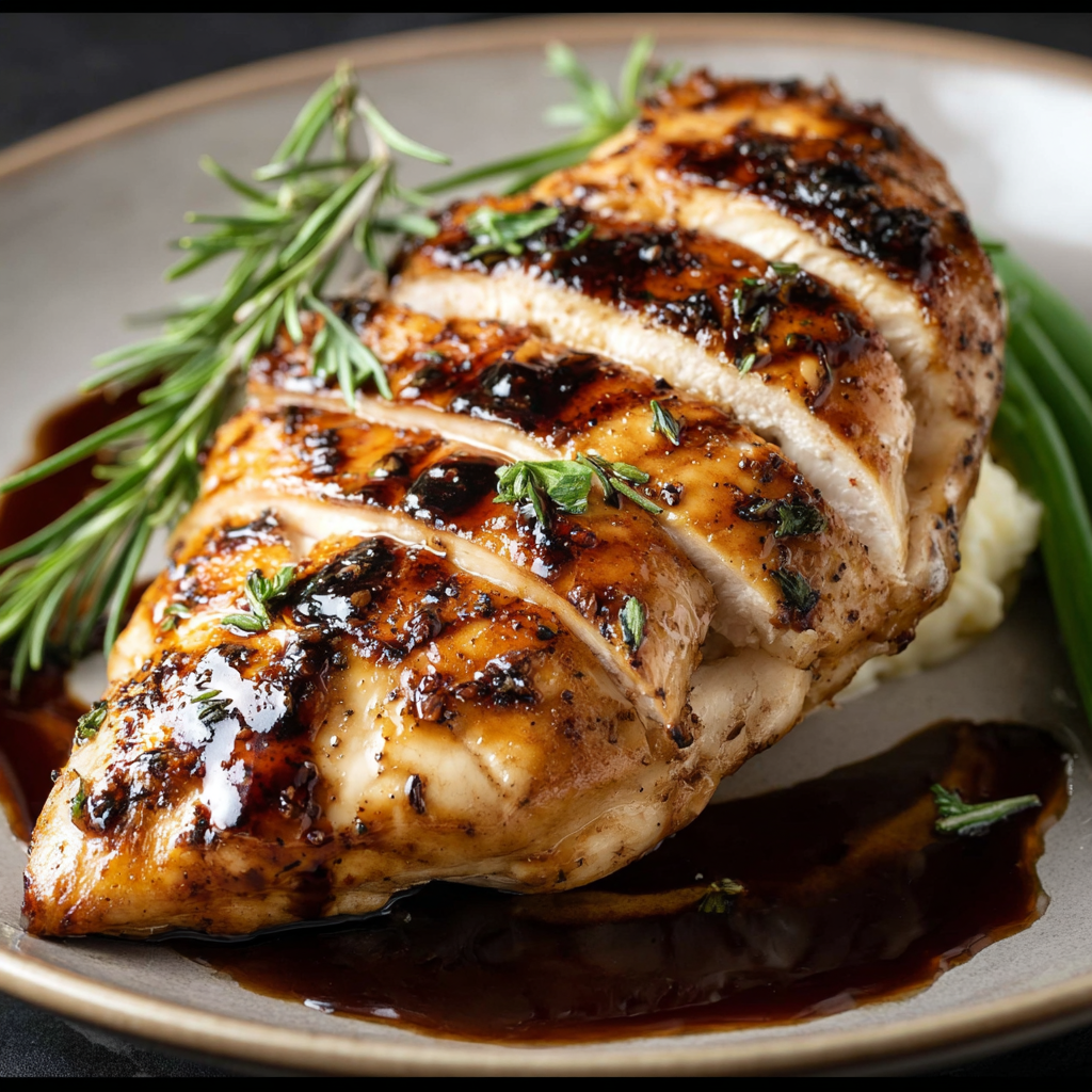 Pan-seared chicken breasts with balsamic glaze in skillet