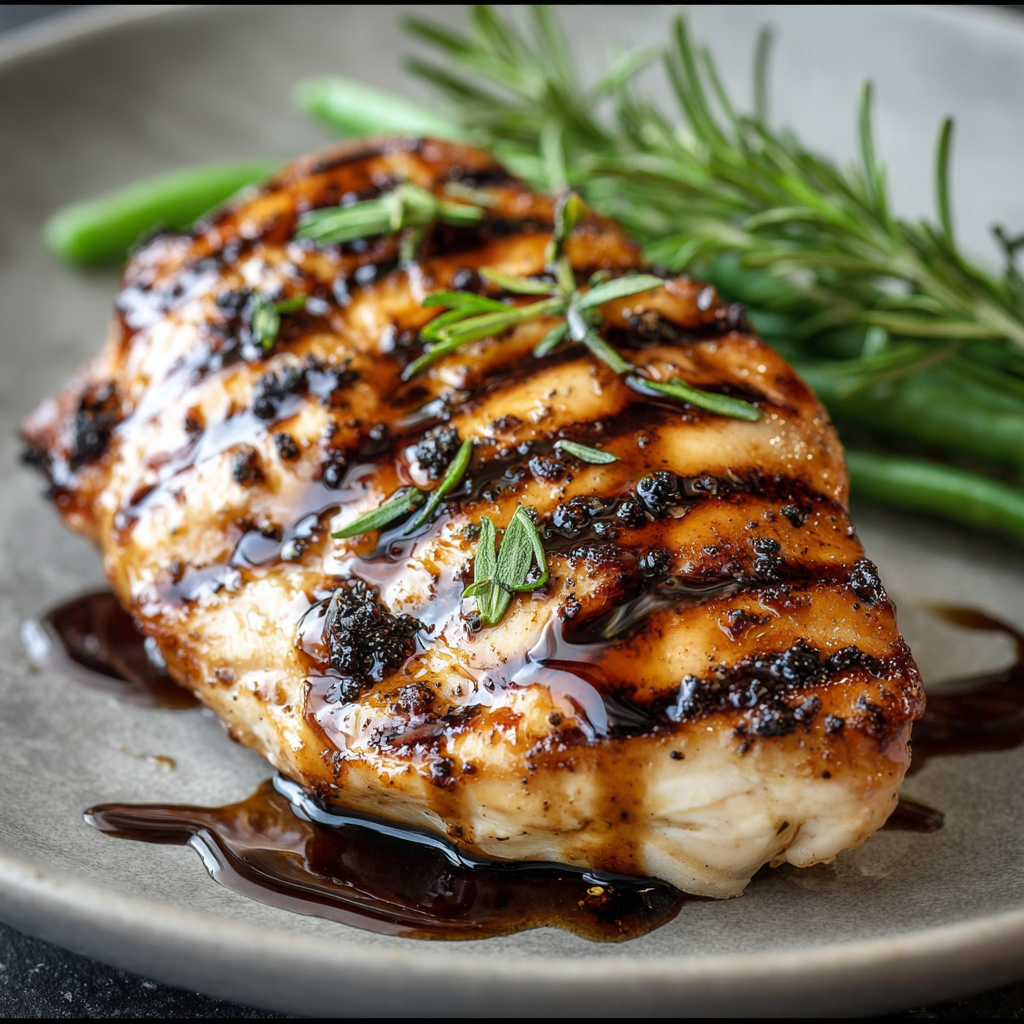 Plated chicken with balsamic glaze and basil garnish