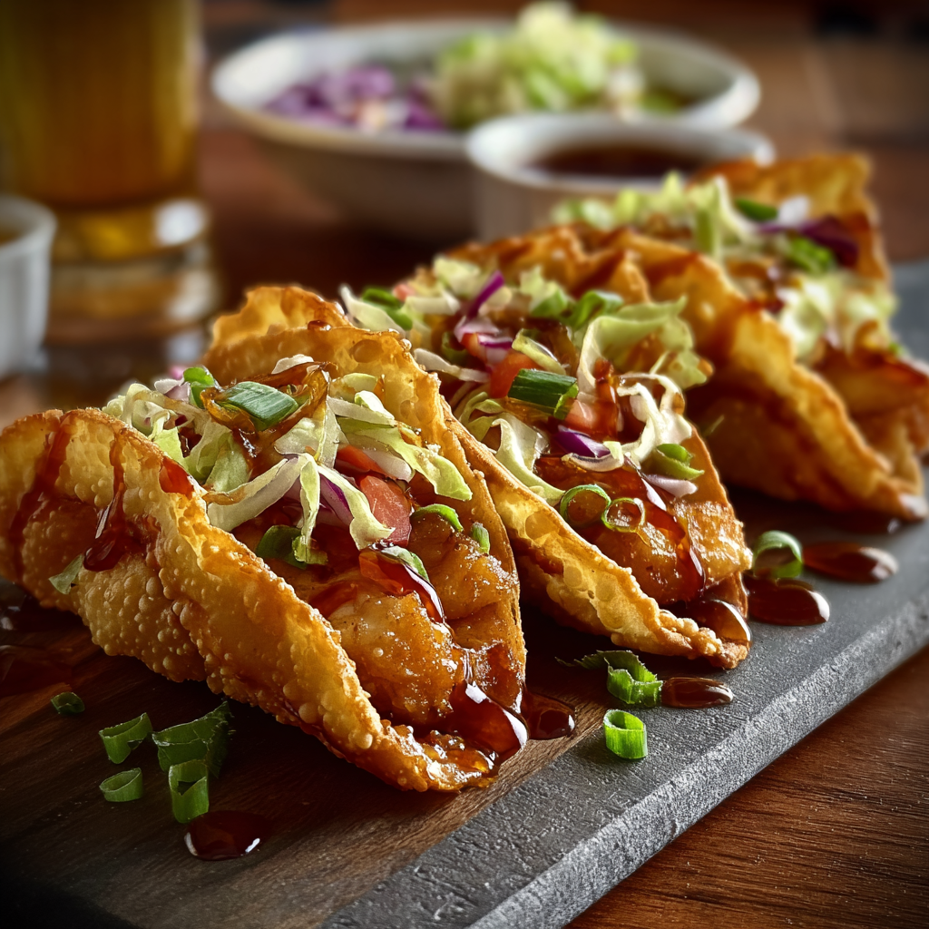 Close up of chicken and slaw in crispy wonton cup with sesame seeds