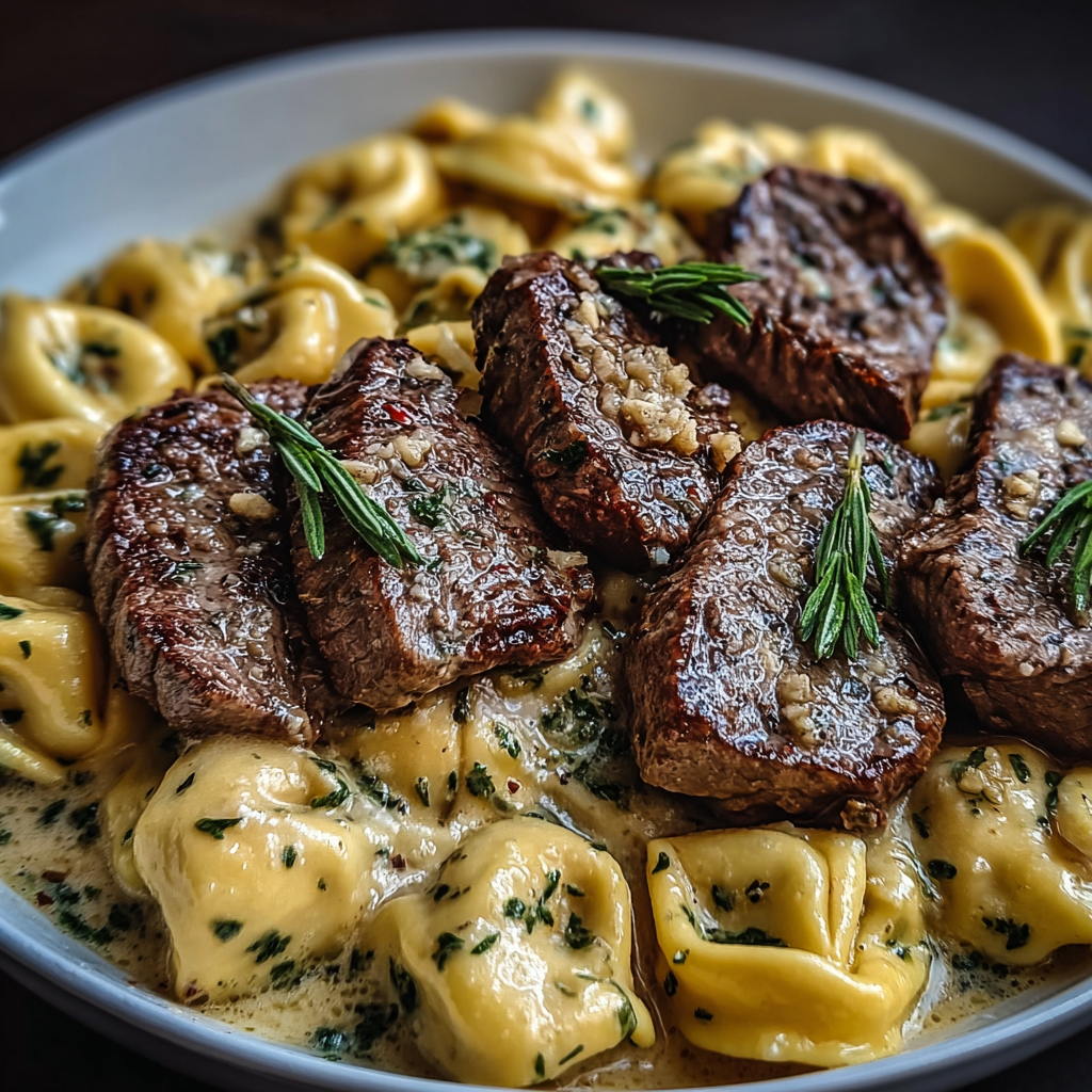 Tortellini and seared steak in creamy garlic sauce