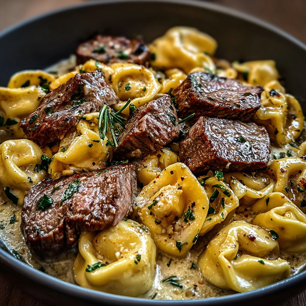 Close-up of creamy tortellini and steak