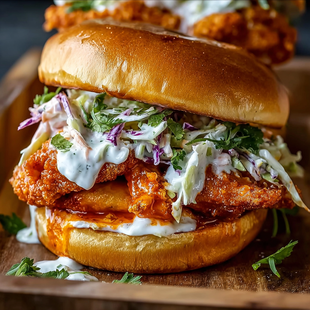 Crispy buffalo chicken on a bun with slaw