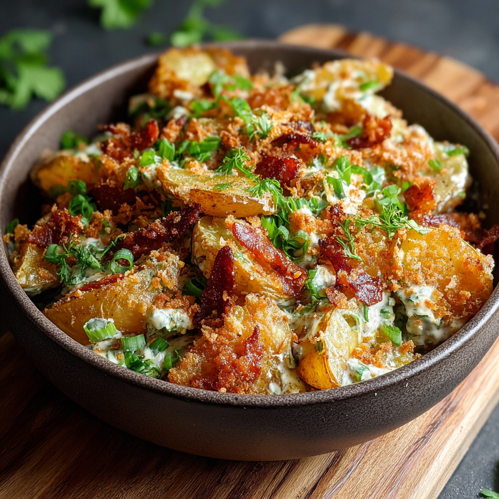 Bowl of smashed potato salad with herbs