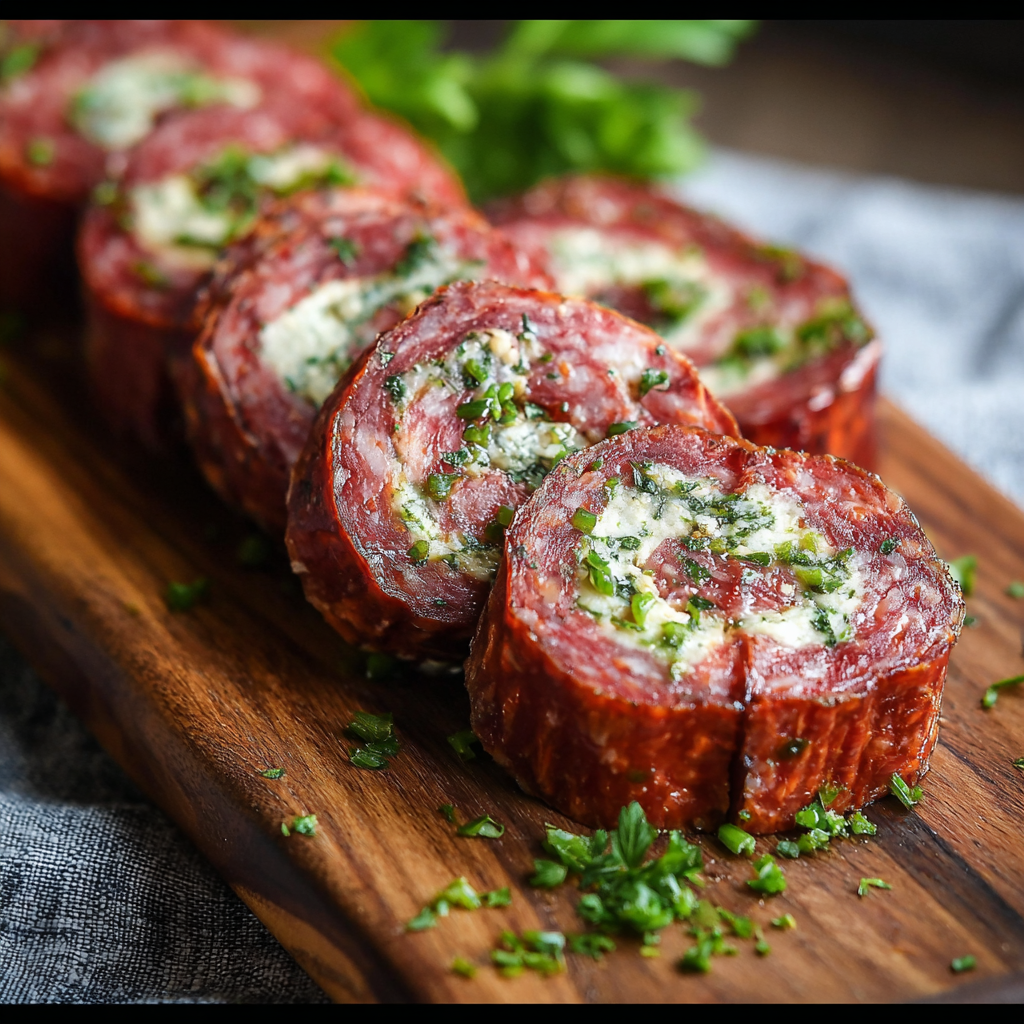 Sliced salami pinwheels on a platter
