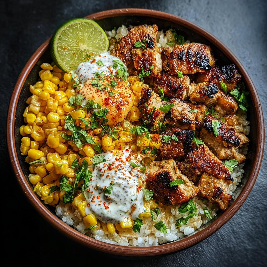 Grilled corn and chicken on a rice bowl