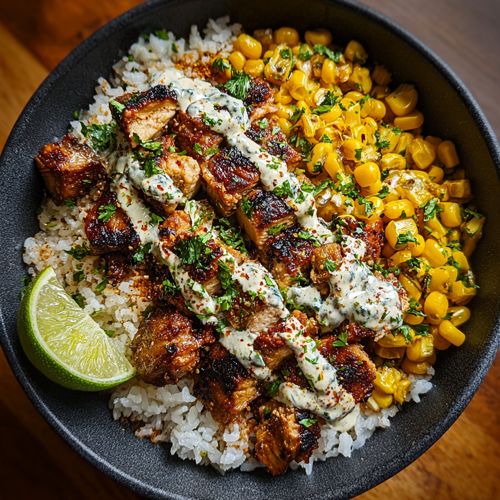 Assembled street corn chicken rice bowls with lime