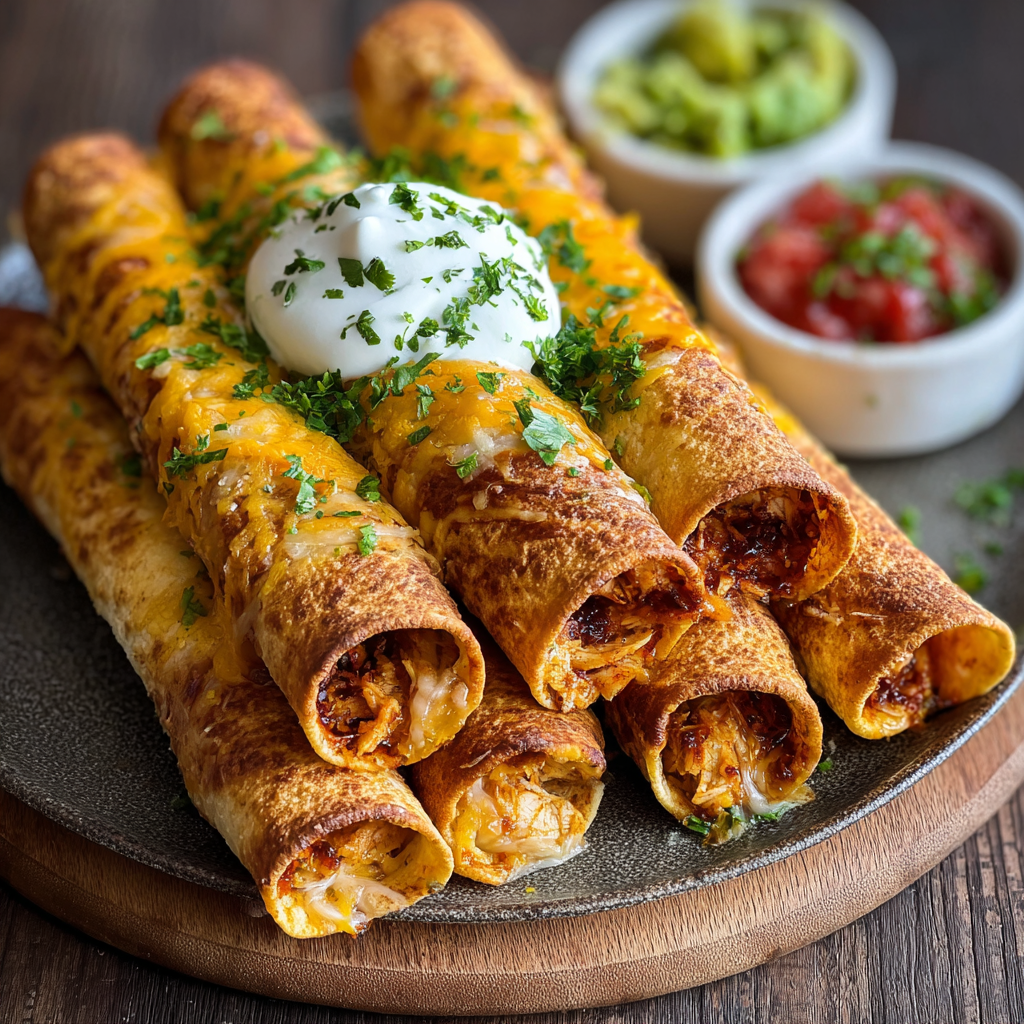 Platter of taquitos with dipping sauces