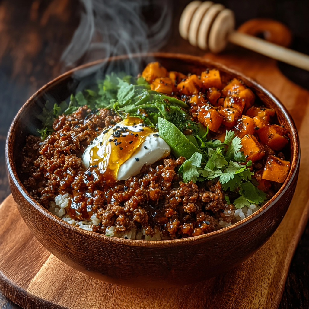Finished hot honey beef bowl with avocado and cottage cheese