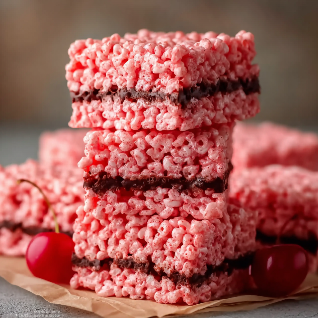 Cherry Rice Krispie Treats with dark chocolate topping