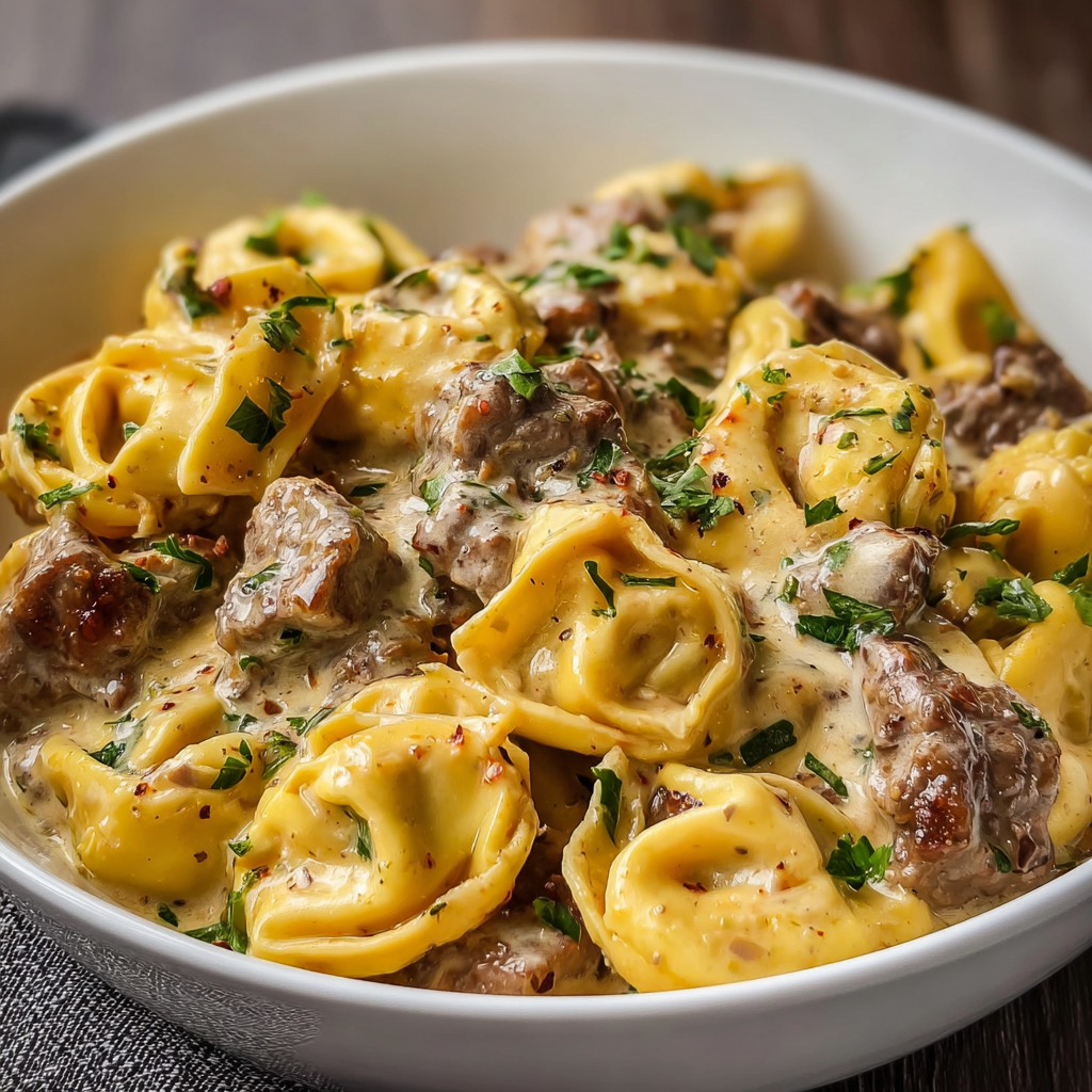 Philly Cheesesteak flavored tortellini in a skillet with peppers and onions