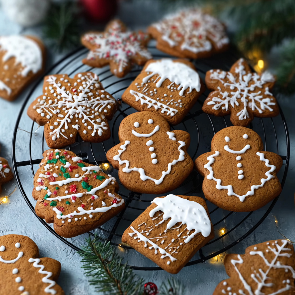 Gingerbread cookies cooling on a rack