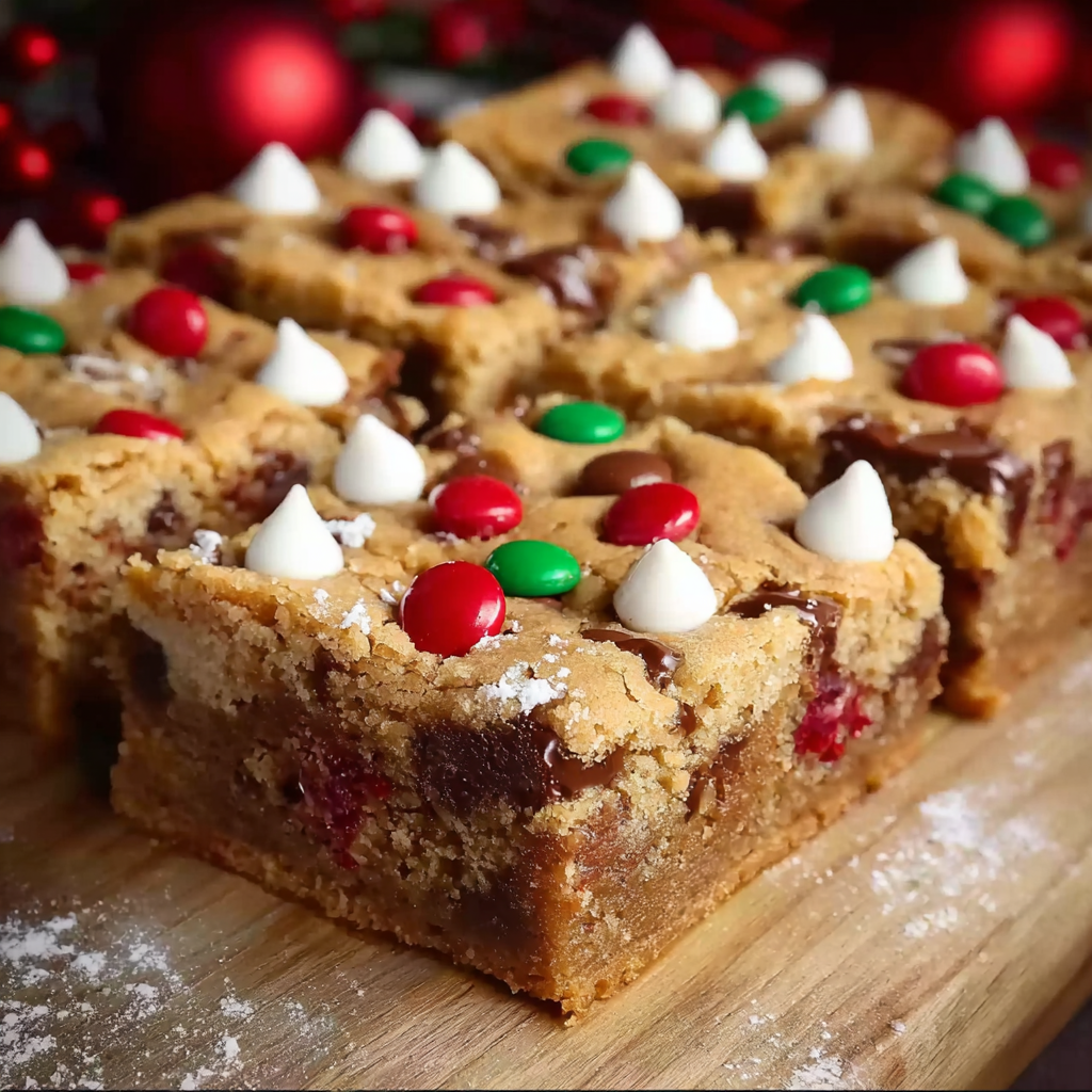 Close-up of a sliced Christmas Cookie Bar showing chocolate chips and M&M's