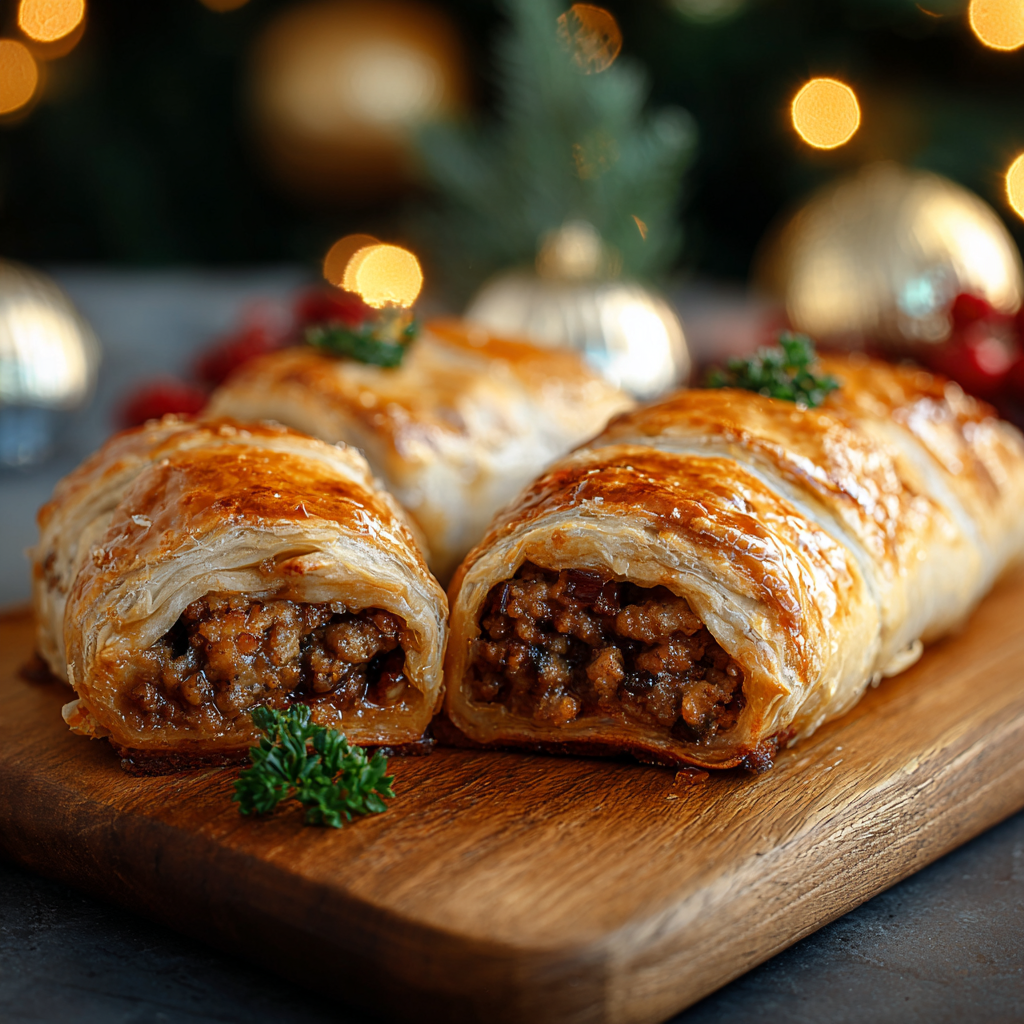 Golden Christmas sausage rolls on a baking sheet