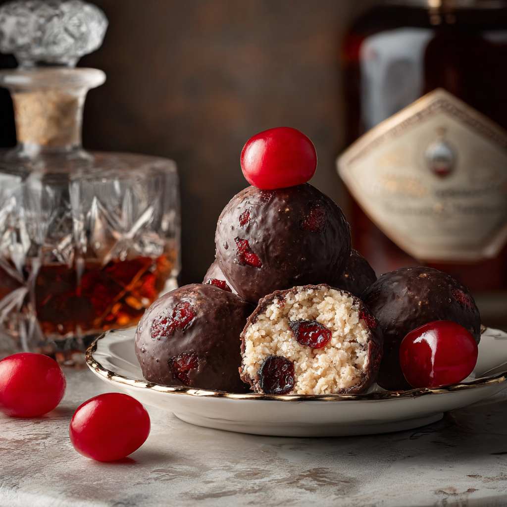 Close-up of chocolate-coated cherry balls with garnish