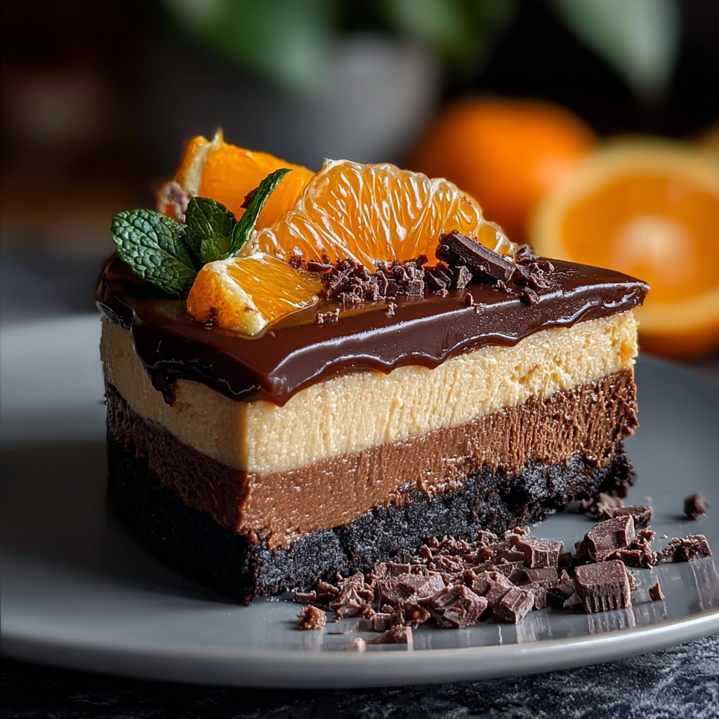 Chocolate and orange cheesecake on a plate with orange slices