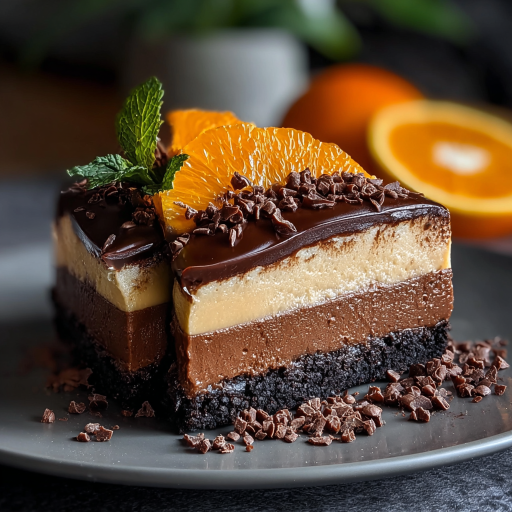 Slice of cheesecake with orange garnish and chocolate drizzle
