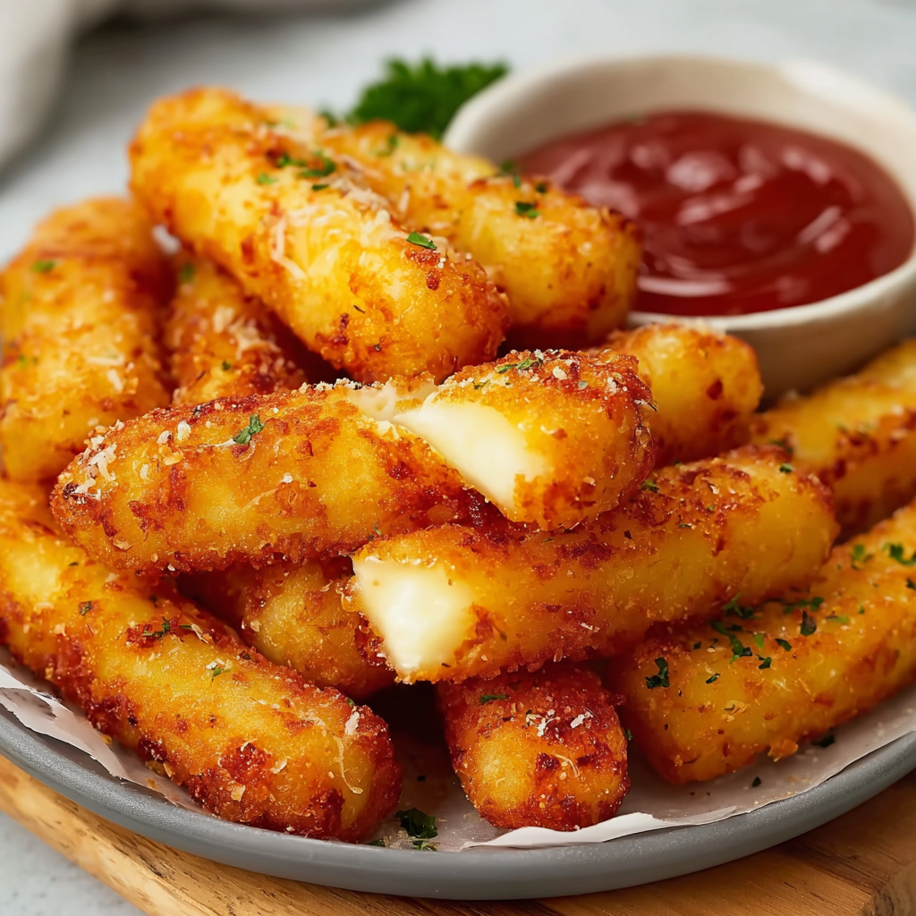 Cheese potato fingers in a basket, golden and crispy