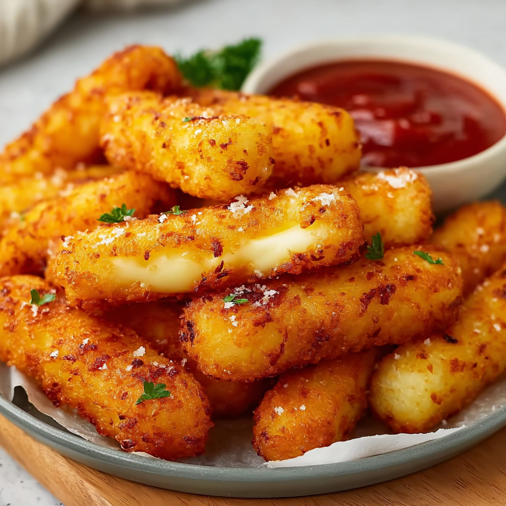 Close-up of a cross-section showing melted cheddar inside a crispy potato finger