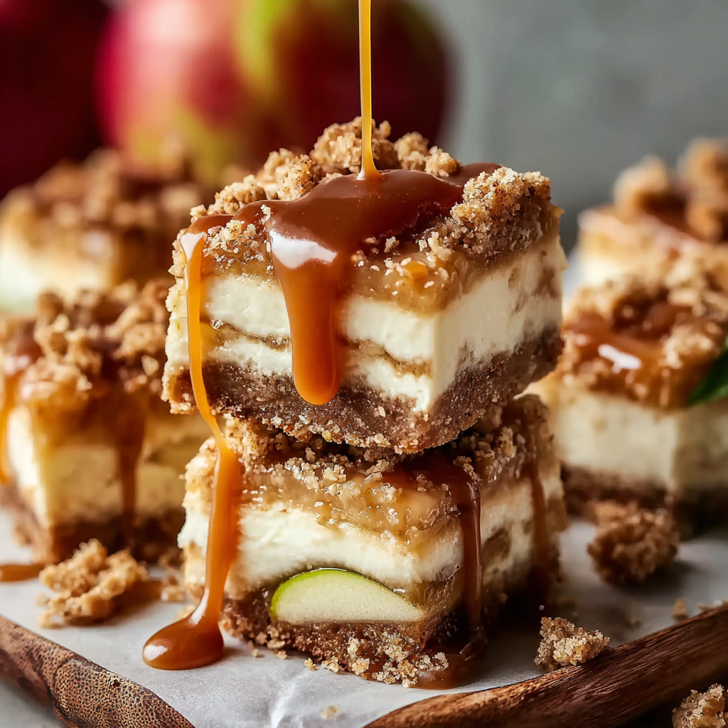 Close-up of caramel drizzle over cheesecake bars
