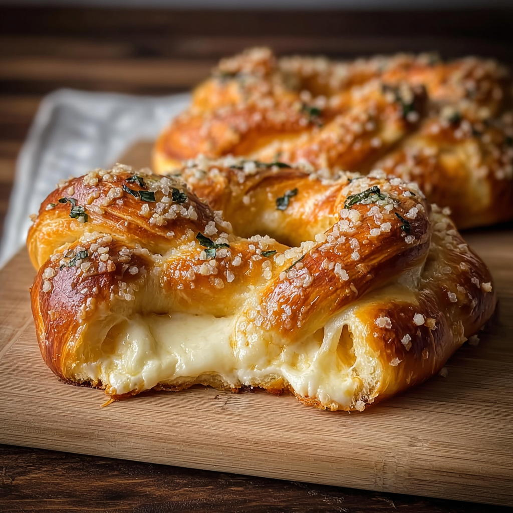 Close-up of mozzarella pull inside pretzel