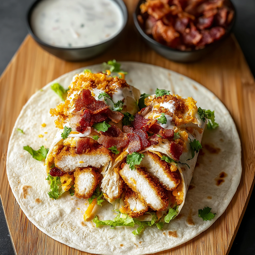 Crispy chicken bacon ranch wrap on a plate