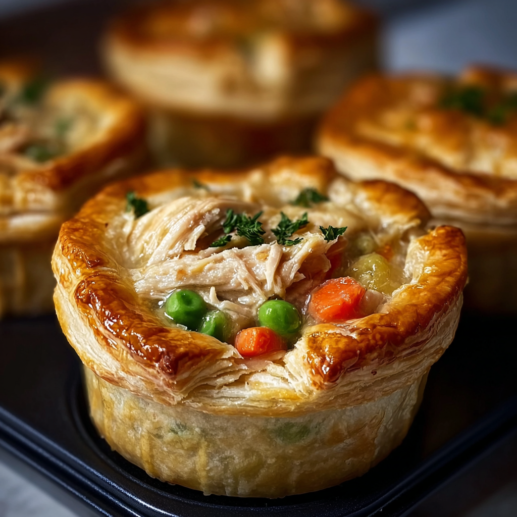 Tray of golden mini chicken pot pies fresh from the oven