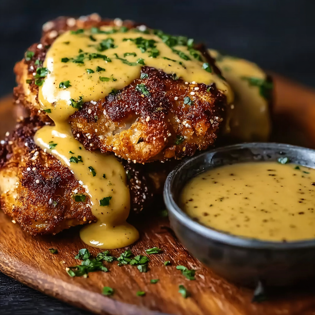 Serving suggestion with mustard-cheddar sauce