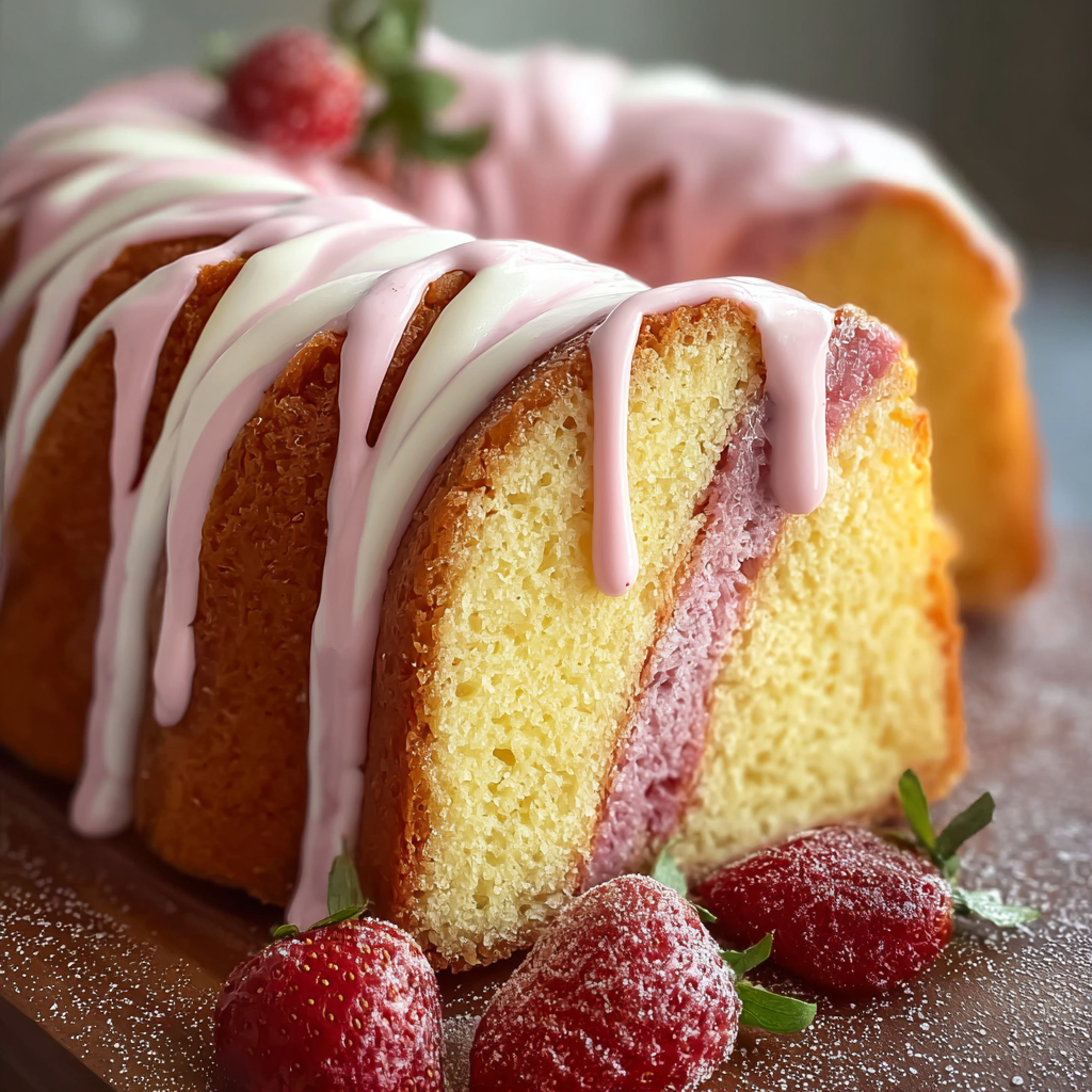 Slice of strawberry pound cake with glaze