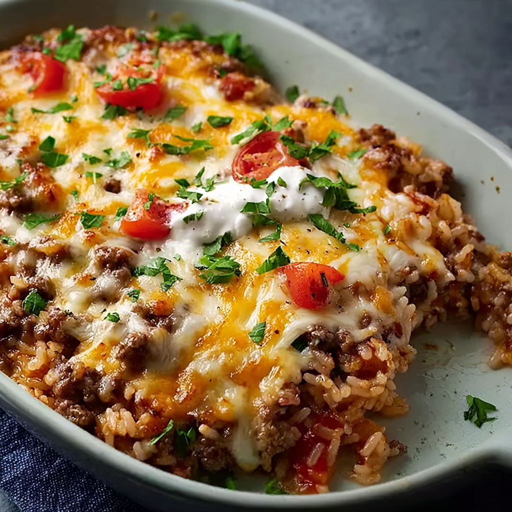 Cheesy Hamburger Rice Casserole in skillet before broiling
