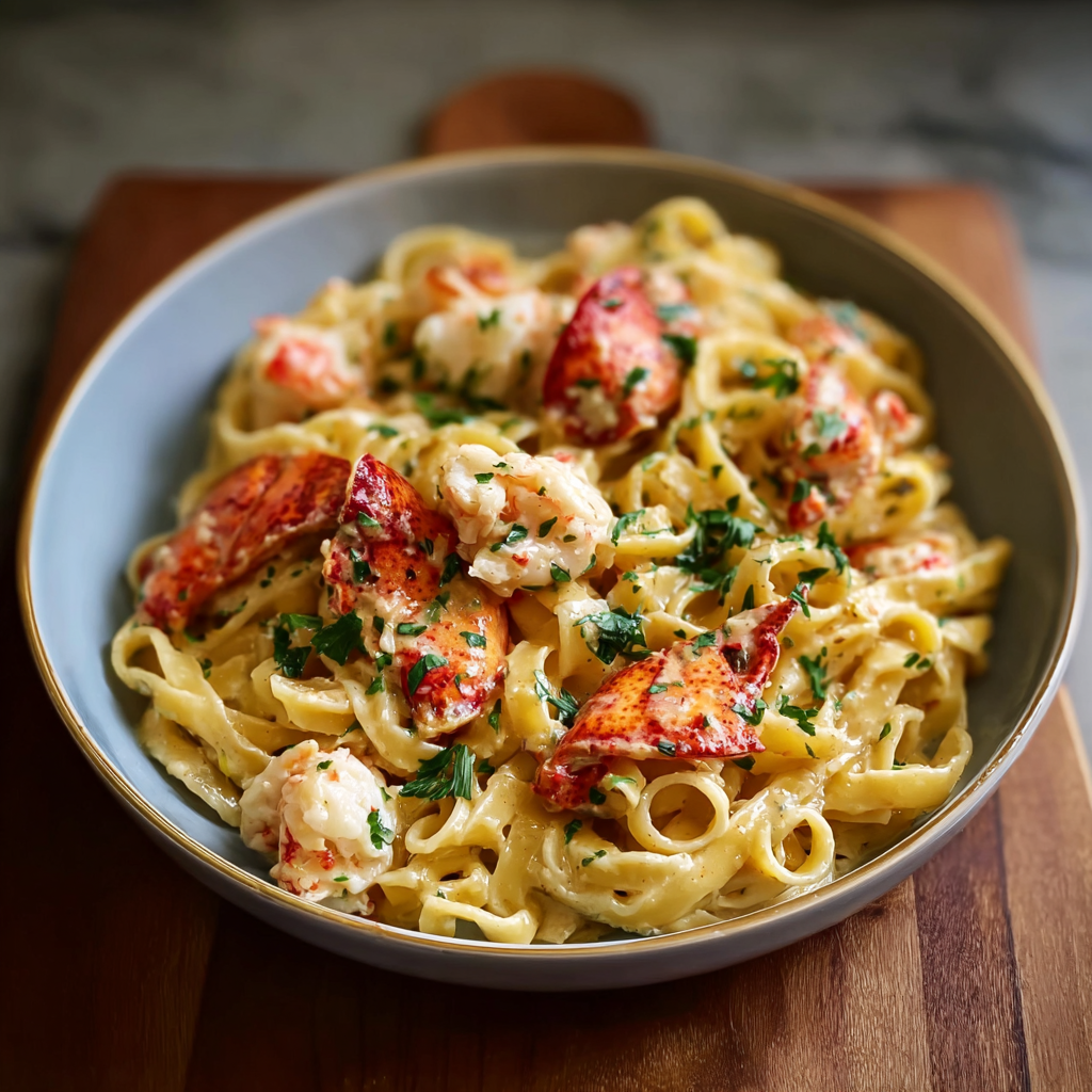 Plated buttered lobster pasta garnished with parsley