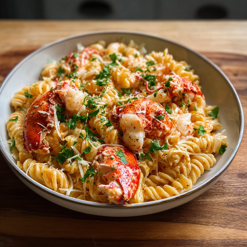 Buttered lobster pasta in skillet