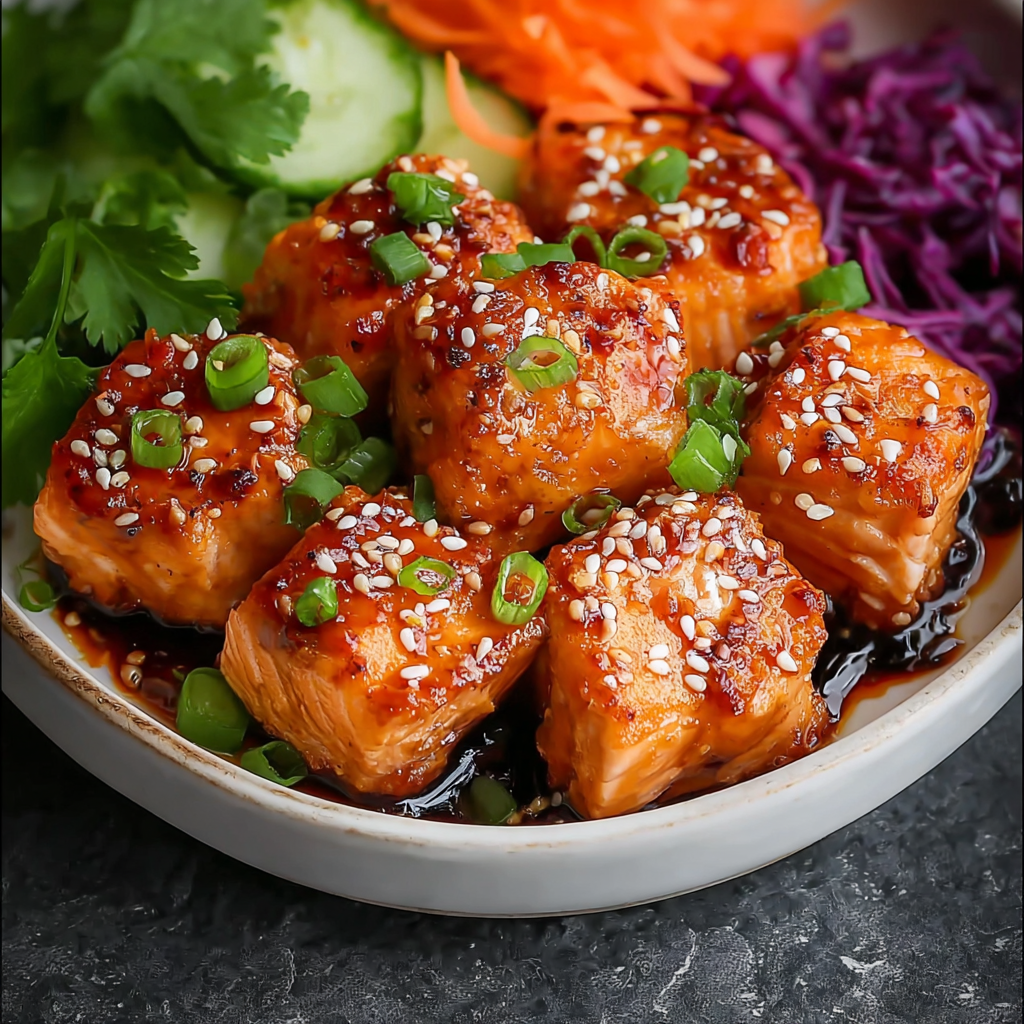 Panko-crusted salmon bites being placed on skillet