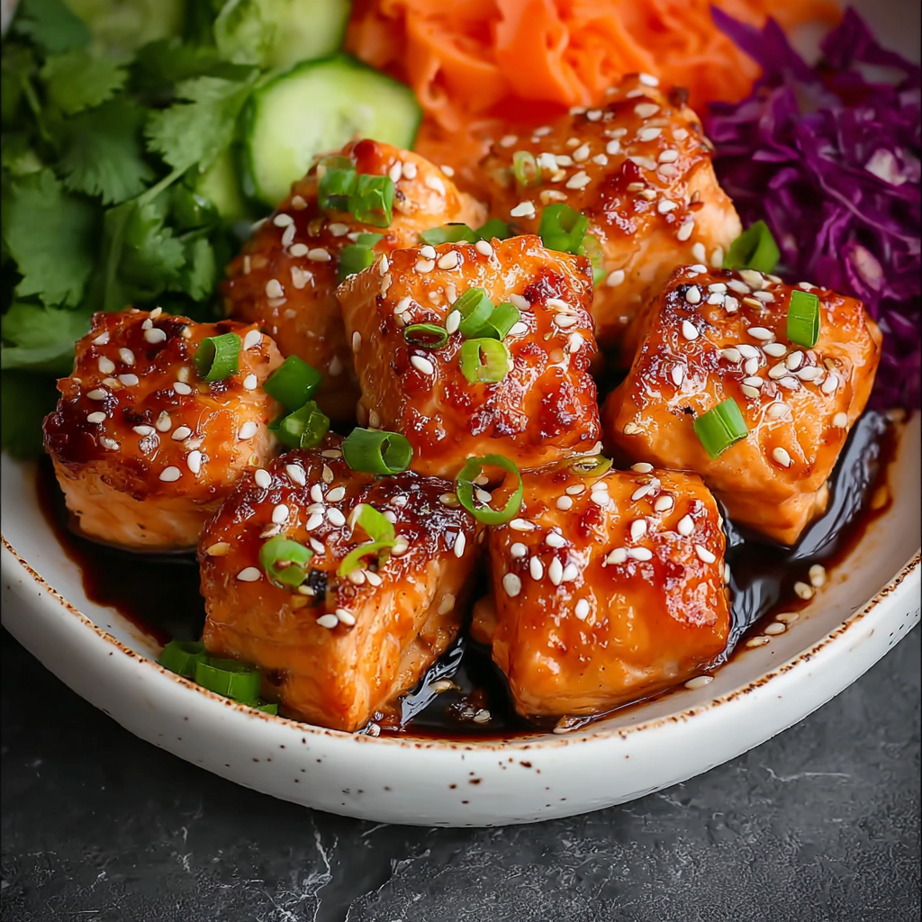 Assembled bang bang salmon bowls with rice and vegetables