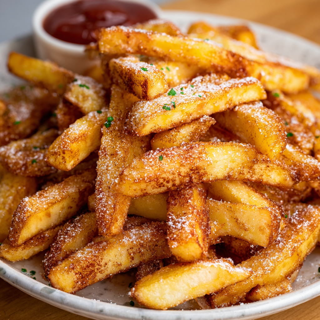 Close-up of golden apple fries ready to serve with dipping sauce