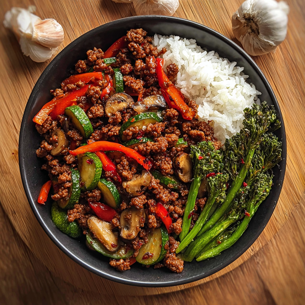 Finished bowl of spicy minced beef and garlic vegetables over rice