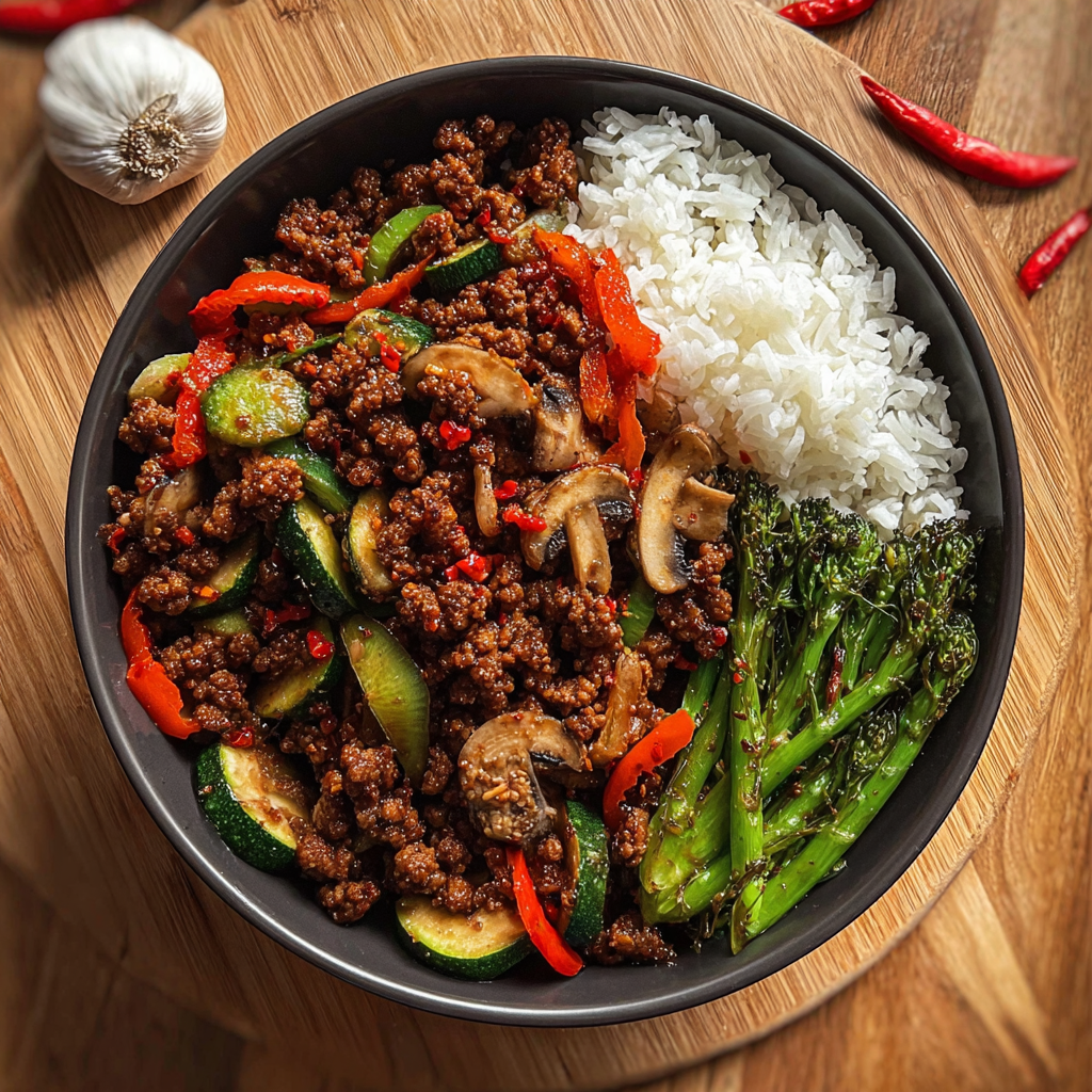 Spicy minced beef sizzling in a skillet