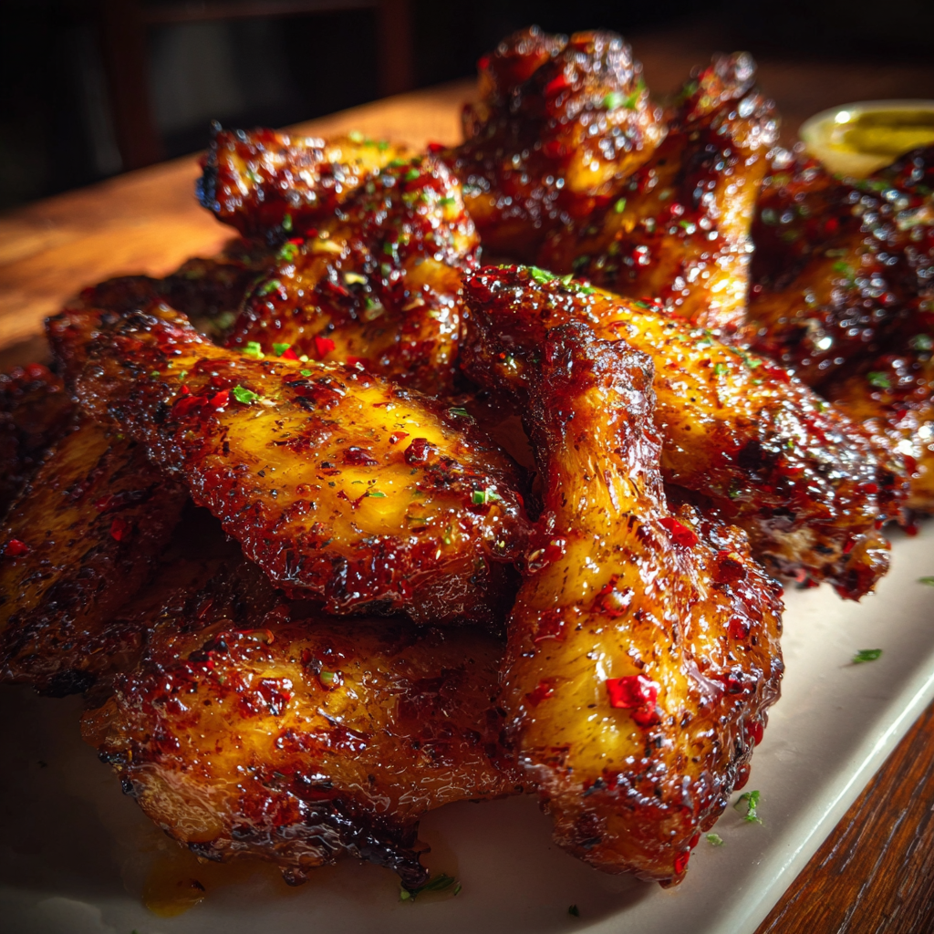 Close-up of sticky glazed wings with jalapeño garnish