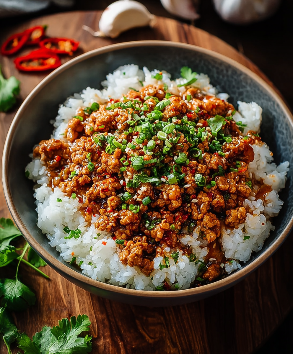 Pan of honey garlic ground turkey finishing with sauce