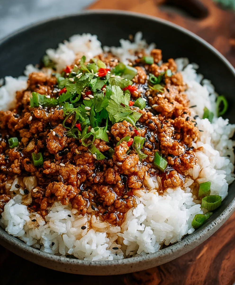 Served honey garlic ground turkey with rice and green onions
