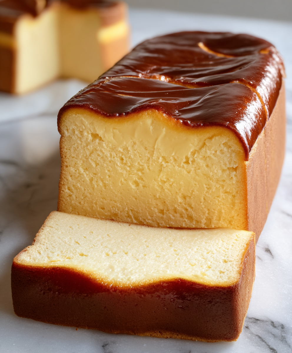 Burnt Basque Cheesecake resting in a loaf pan with parchment