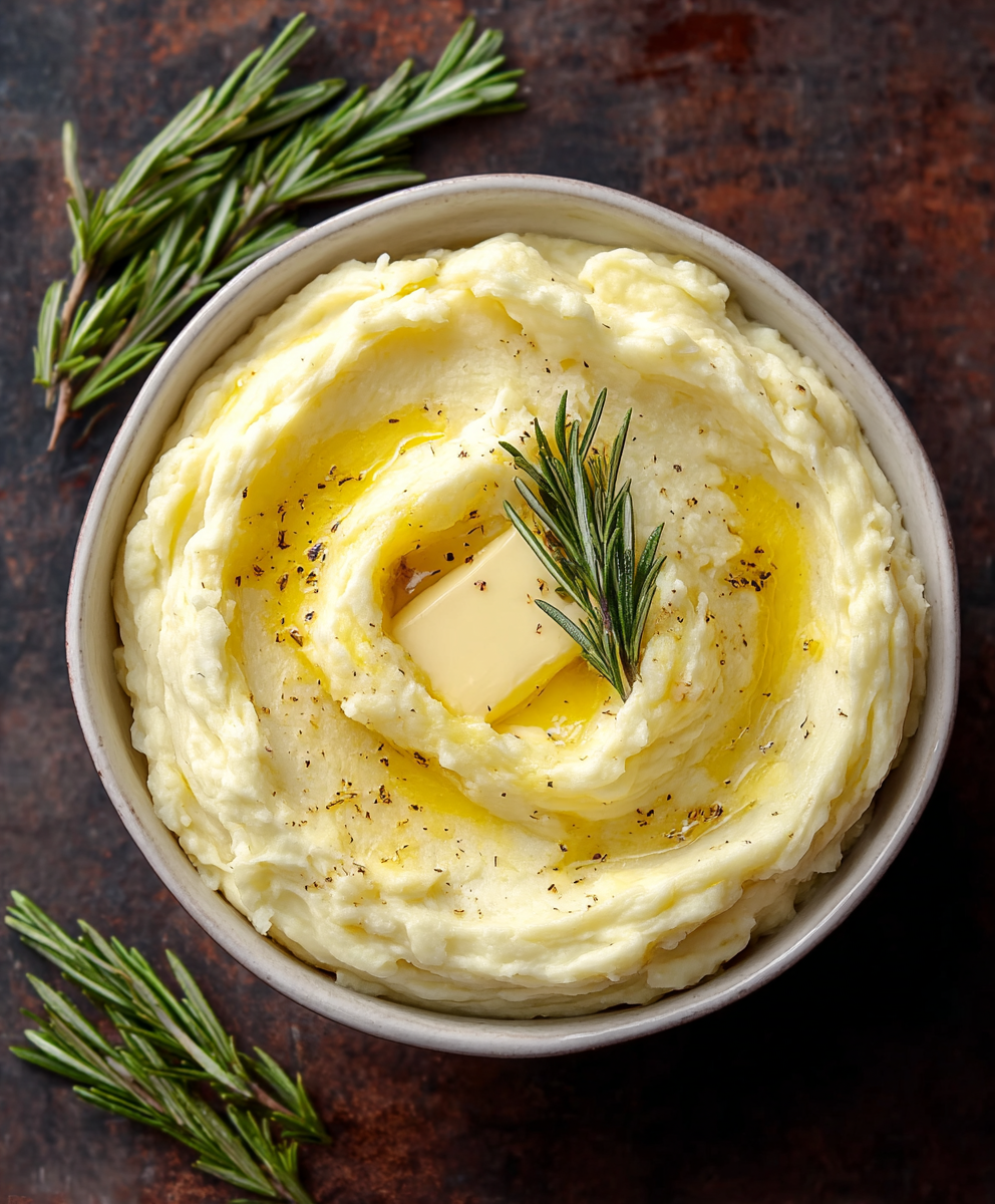 Mashed potatoes served in a bowl with rosemary garnish