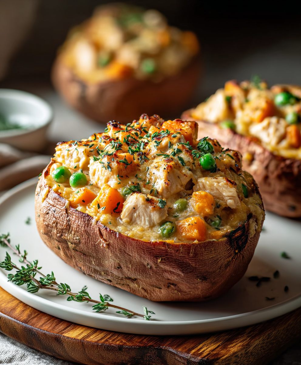 Creamy High-Protein Chicken Pot Pie Stuffed Sweet Potatoes
