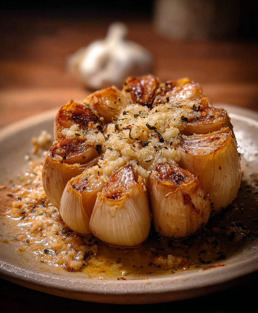 Close-up of mashed roasted garlic on spoon