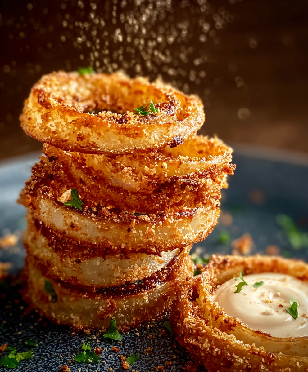 Parmesan onion rings on baking sheet