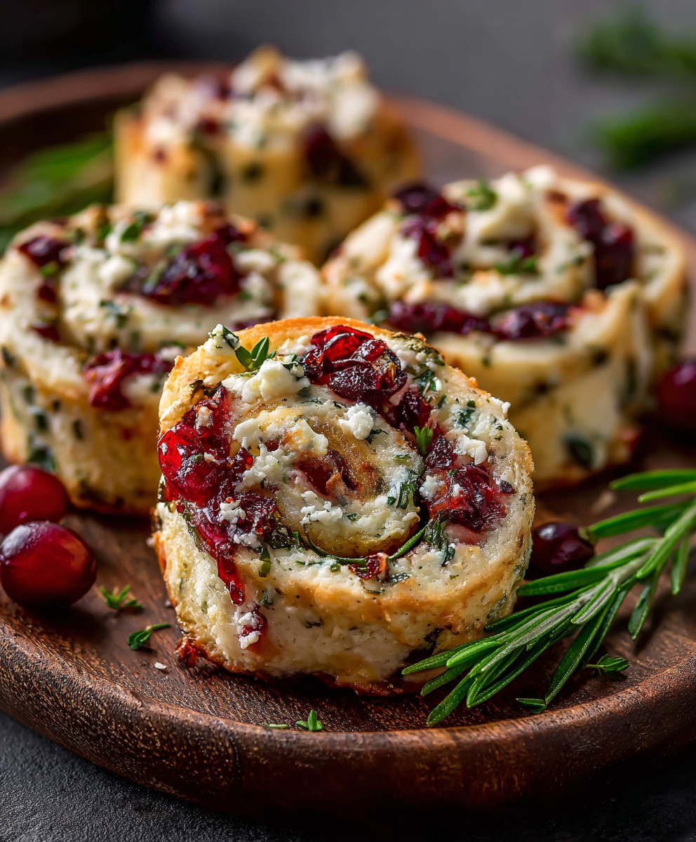 Plated pinwheels with herbs and cranberries