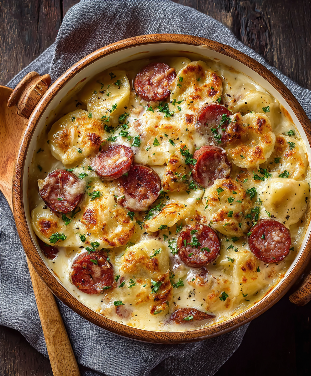 Crockpot pierogi casserole bubbling with cheese