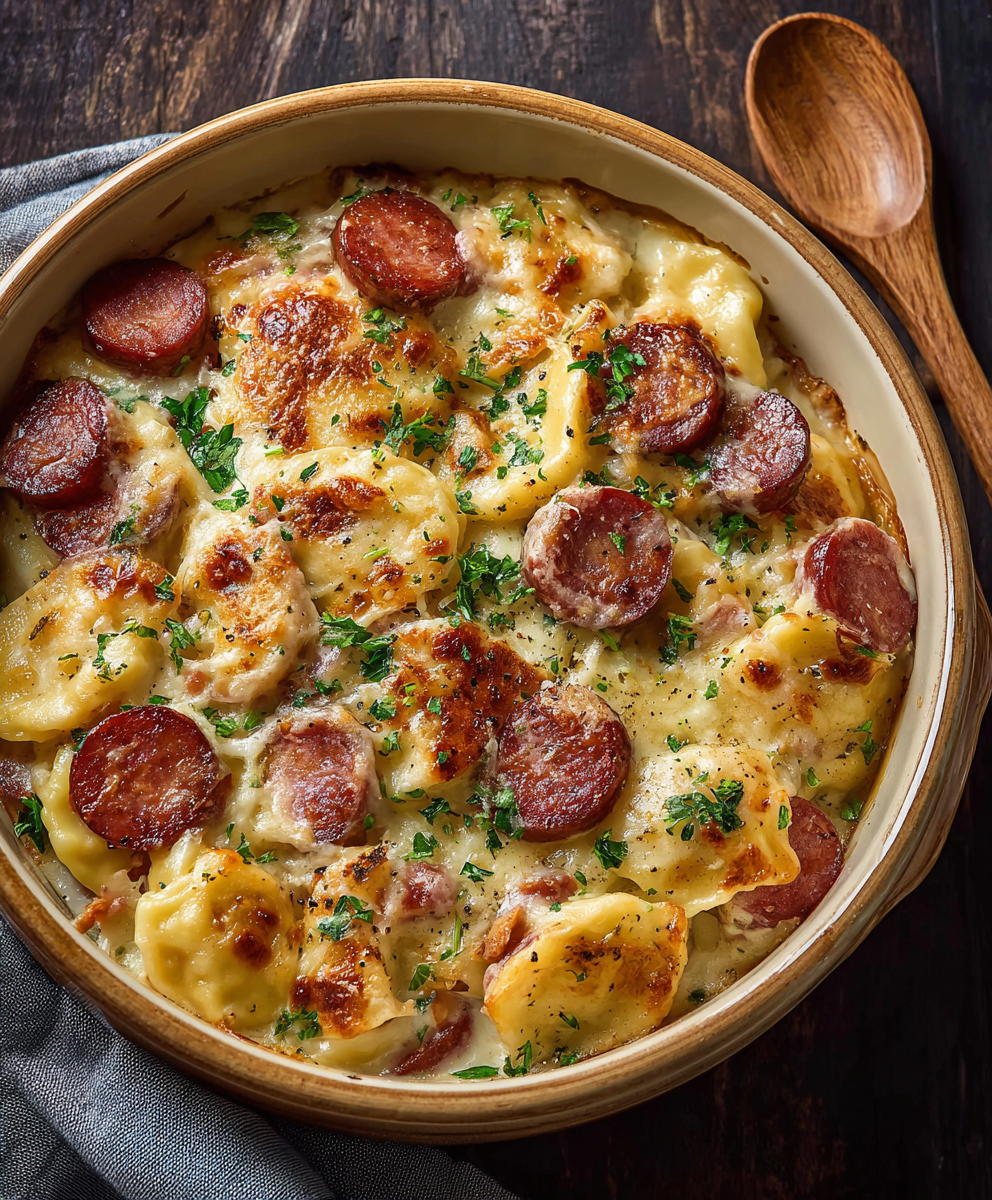 Finished pierogi casserole with melted cheddar